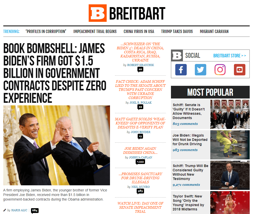  This screenshot of Breitbart was taken at the same time as the other media outlet screenshots - yet their impeachment coverage is the bottom of the stories next to the main “Biden Bombshell” story. This is tailored entertainment media, not news media.  