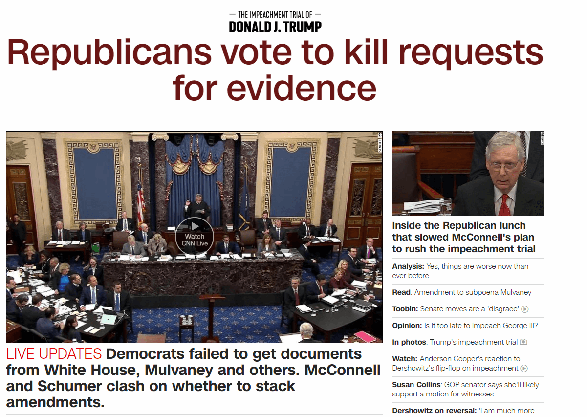  Screen capture of CNN’s front page impeachment coverage at 6:37pm PST 1/21/2020 