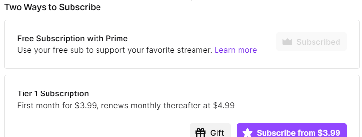 Image showing the different subscription options on Twitch.