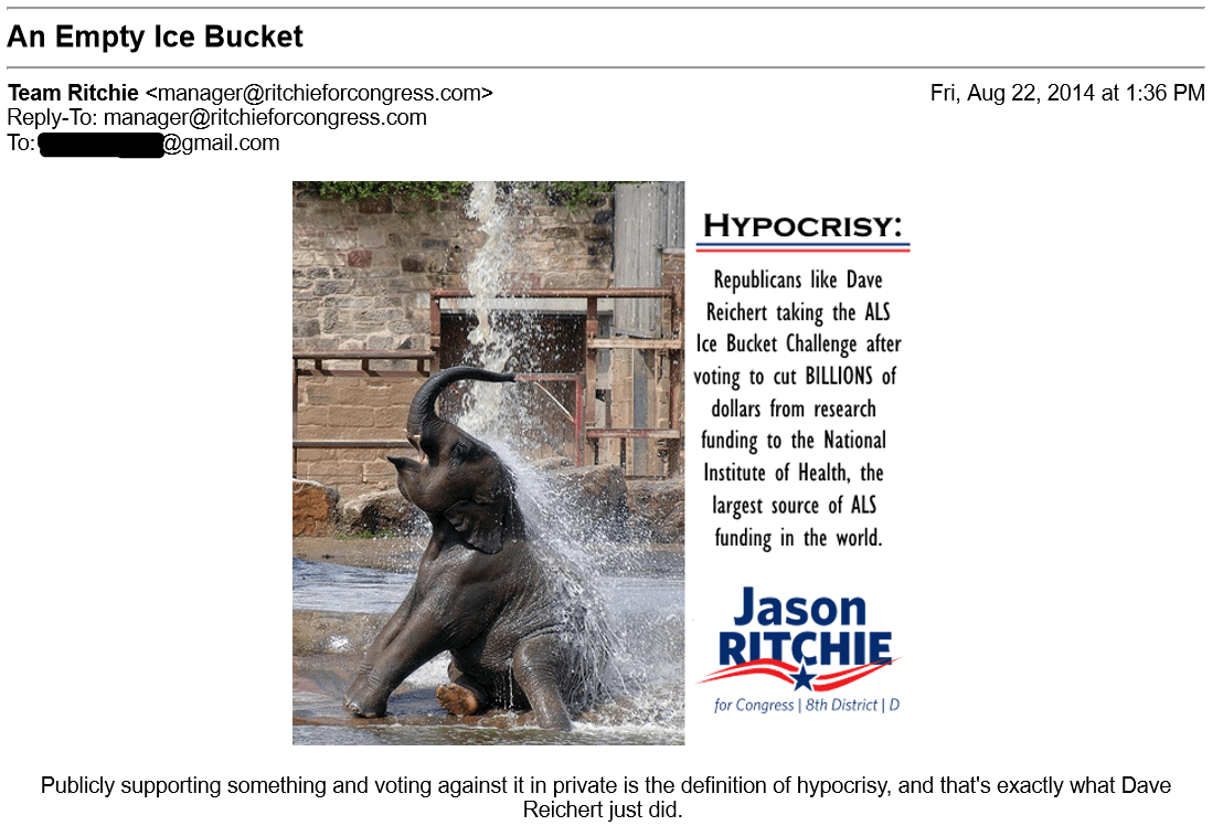 Fundraising email about the ALS ice bucket challenge from 2014