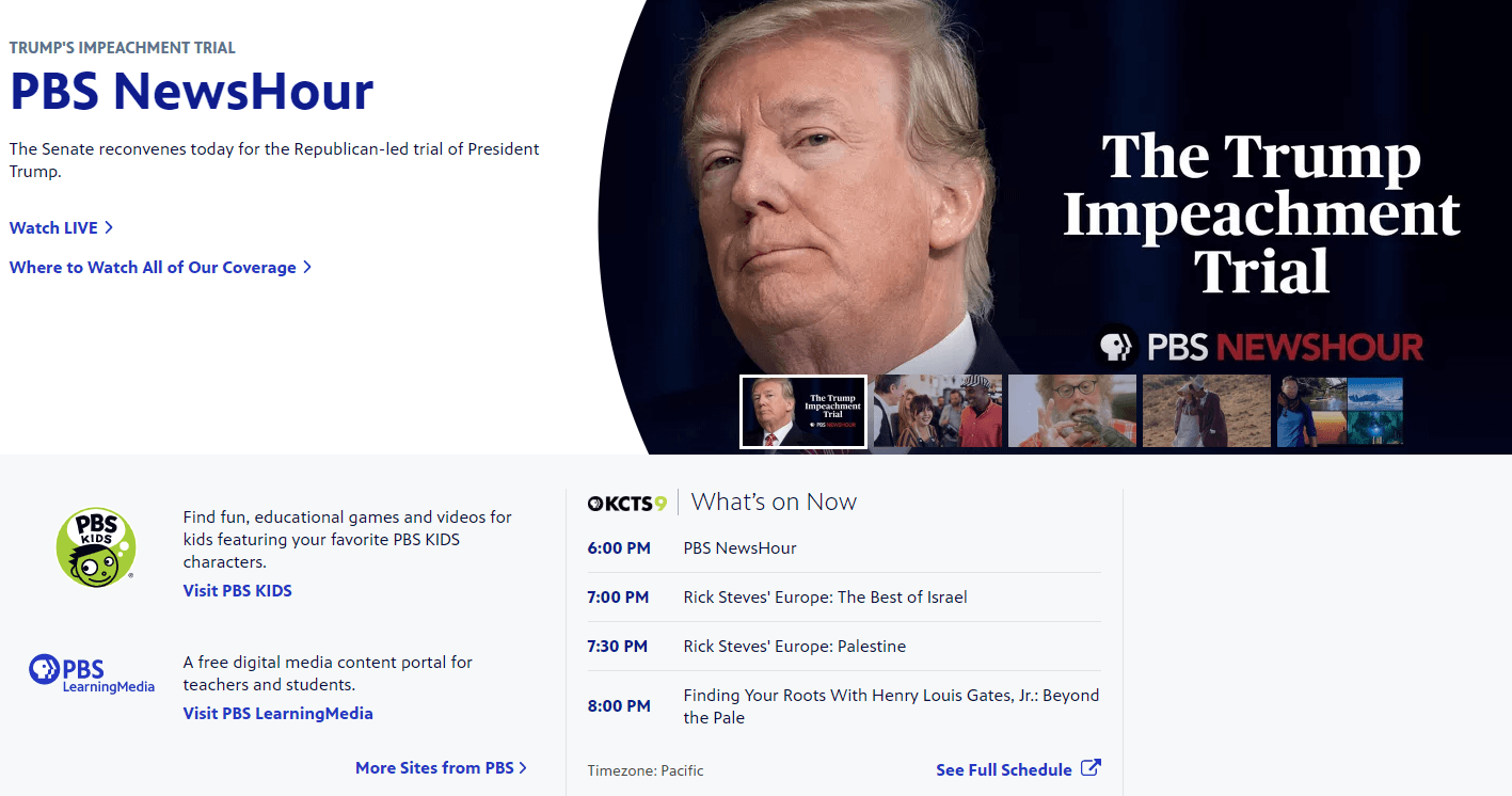  Screen capture of PBS’s site front page impeachment coverage at 6:37pm PST 1/21/2020  