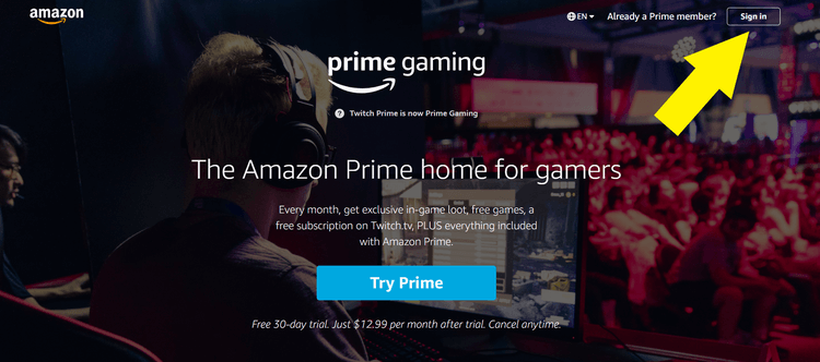Image pointing to the upper right corner of the screen for sign-in to link your Amazon Prime to Twitch accounts