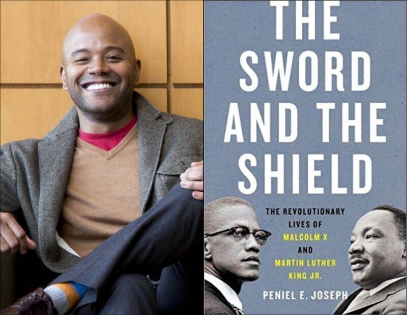  Author Peniel E. Joseph beside the cover of his book The Sword and the Shield 