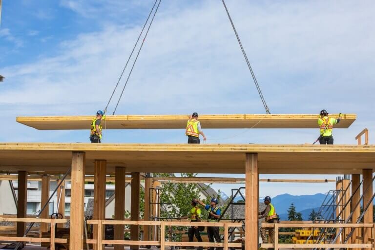   A CLT floor panel being set in place. (Credit:    Naturally Wood   )    